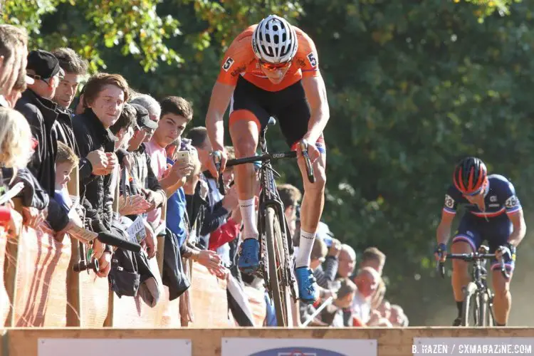 Mathieu van der Poel hopped the barriers to the delight of fans. Elite Men, 2016 European Cyclocross Championships UEC. © B. Hazen / Cyclocross Magazine