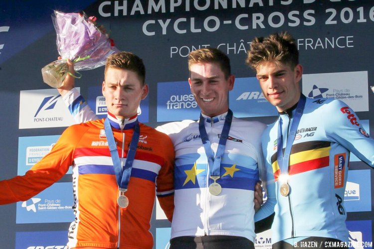 Van der Poel, Aerts and Van Aert. Elite Men, 2016 European Cyclocross Championships UEC. © B. Hazen / Cyclocross Magazine