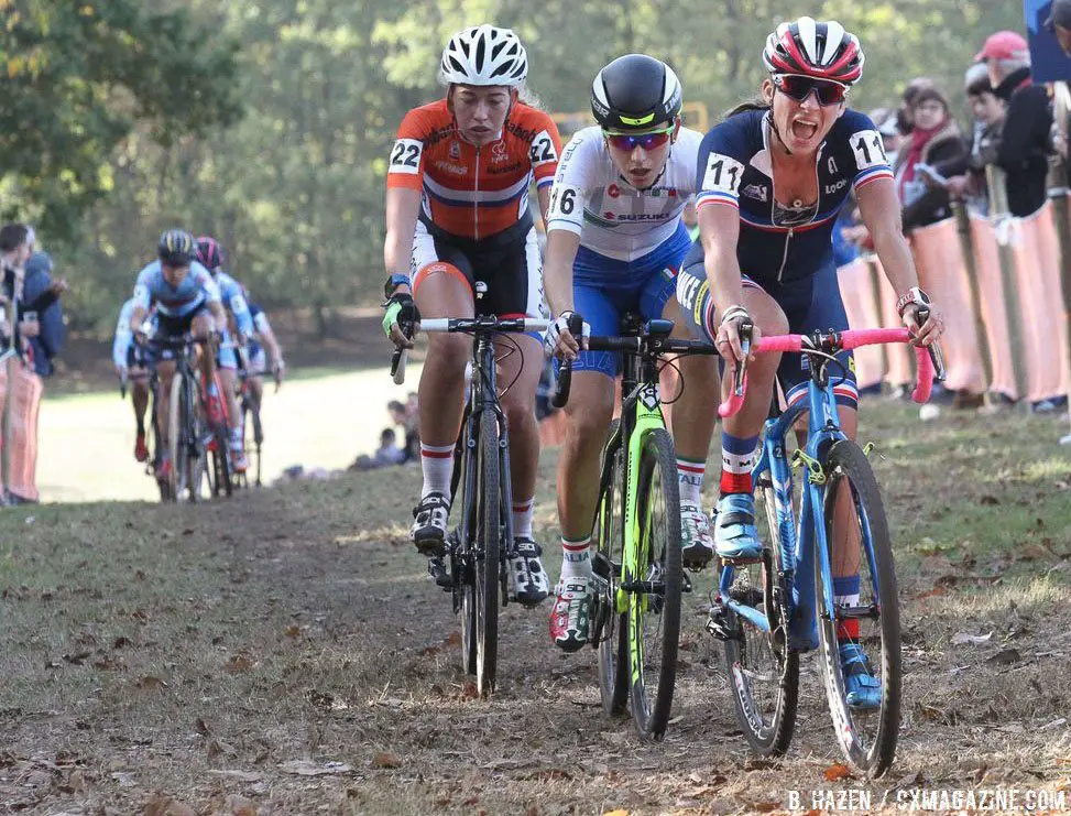 Caroline Mani leading the chase of the leading three. 2016 UEC European Cyclocross Championships, Elite Women. © B. Hazen / Cyclocross Magazine