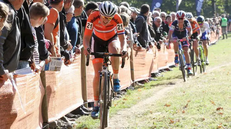 De Jong on the attack. 2016 UEC European Cyclocross Championships, Elite Women. © B. Hazen / Cyclocross Magazine