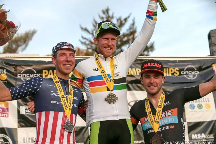 From Left to Right: Jeremy Powers, Stephen Hyde and Danny Summerhill. 2016 Pan American Cyclocross Championships © Kent Baumgardt