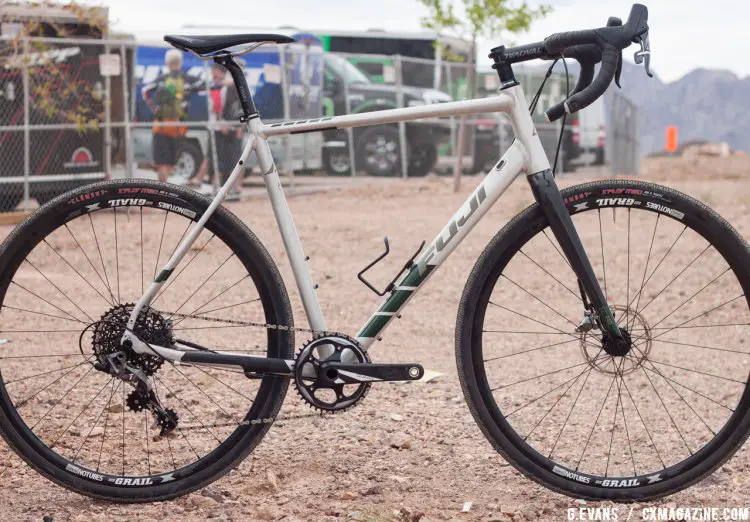 The Fuji Jari 1.1 aluminum one-by gravel bike at Interbike Outdoor Demo 2016. Available in October/November, the bike has a claimed weight of 19.47 lbs for a 56cm, and a retail price of $2,950 USD © Cyclocross Magazine