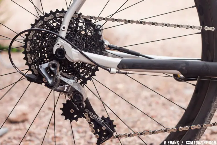 A SRAM Force 1 rear derailleur handles the wide range of the 10-42 cassette. © Cyclocross Magazine