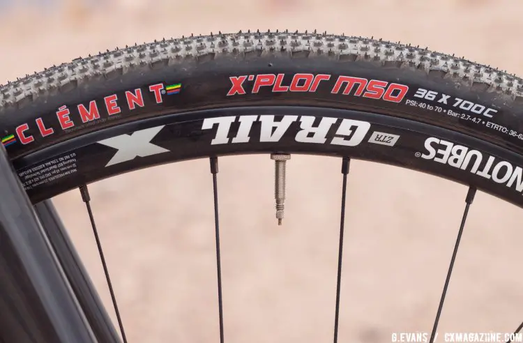 Stans NoTubes Grail 28h wheels come wrapped in tubeless compatible Clement X’PLOR MSO 700x36c tires. © Cyclocross Magazine