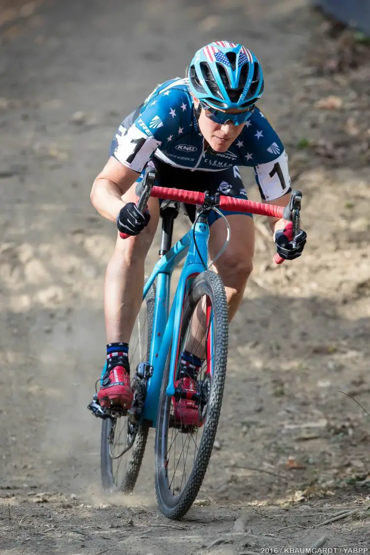 Katie Compton dropping down the Pan-Am Plunge. © Kent Baumgardt