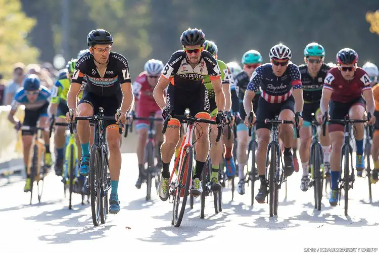 Last year's U23 winner Drew Dillman (Cyclocross Alliance) leads out the Men's Elite race this year on lap one. © Kent Baumgardt