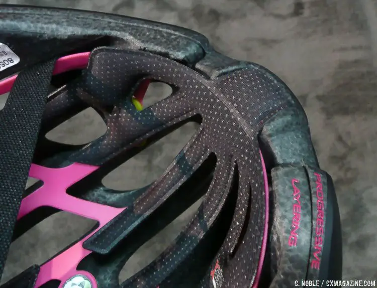Foam padding is cleverly nested into the EPS foam on the front of the Bell Zephyr helmet to direct sweat away from the eyes. © C. Noble / Cyclocross Magazine