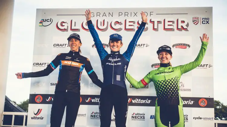 Elite Women's podium with Ellen Noble, Helen Wyman, and Emma White. 2016 GP of Gloucester Day 1. photo: Angelica Dixon