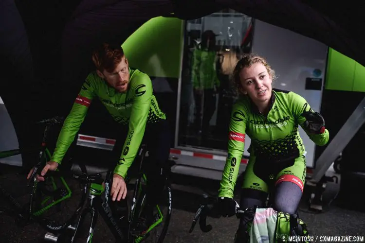 Emma White and Stephen Hyde warming up in the tent. 2016 KMC Cross Fest Day 2. © Chris McIntosh / Cyclocross Magazine