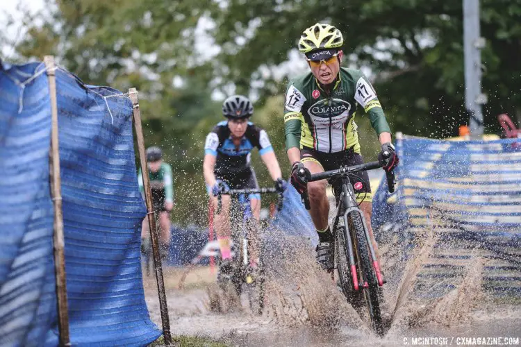 There was a corner flooded with runoff from the pit wash that lended the only mud on the course on Sunday. 2016 KMC Cross Fest Day 2. © Chris McIntosh / Cyclocross Magazine