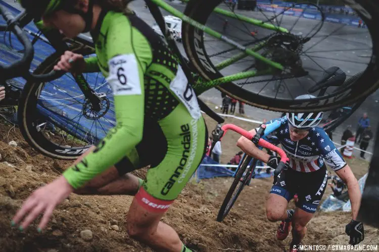 Katie Compton chasing Emma White up the run-up. 2016 KMC Cross Fest Day 2. © Chris McIntosh / Cyclocross Magazine