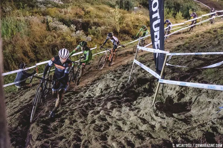 A progression of dismounts as riders approached the stairs. 2016 KMC Cross Fest Day 2. © Chris McIntosh / Cyclocross Magazine