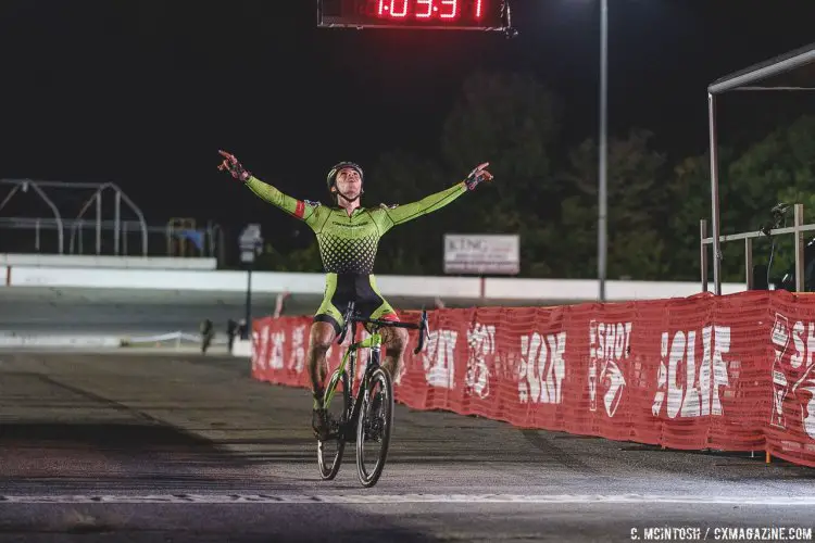 Curtis White is overcome with emotion while crossing the finish line for his first Elite UCI win of the season. © Chris McIntosh / Cyclocross Magazine