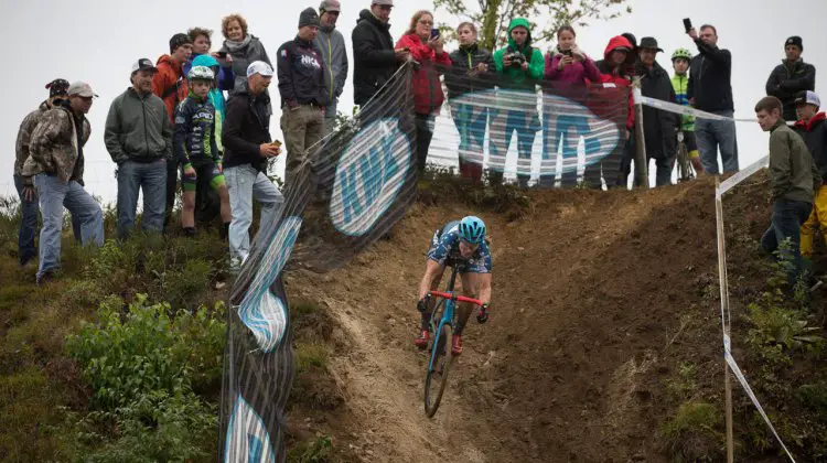 Compton in control after dropping Ellen Noble. 2016 KMC Cross Fest UCI C1 on Day 1. photo: Wil Mathews