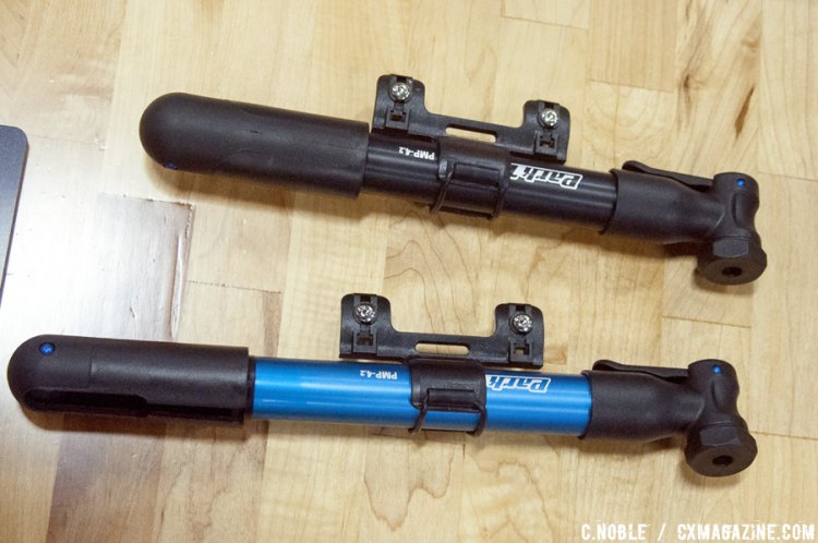 Mini Pump PMP-4.2. Available in two colors (blue and black) with a handy bottle cage mounted holder. Approximate weight is 130 grams and the length is 10.5 inches. © Cyclocross Magazine