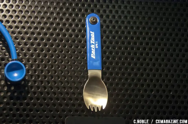 Park Tool Spork SPK-1. A multi-tool of a different kind, this spoon/fork combo is made from food grade stainless steel with a vinyl dipped handle. Dishwasher safe with a retail price of $10.50. © Cyclocross Magazine