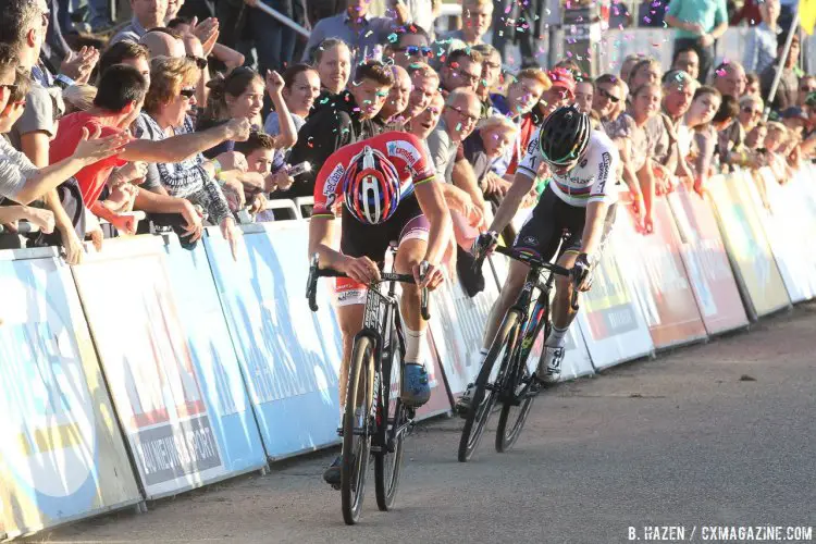 Van der Poel surprised and exhausted himself and the crowd with his win over van Aert. 2016 Superprestige Zonhoven - men's race. © Bart Hazen / Cyclocross Magazine