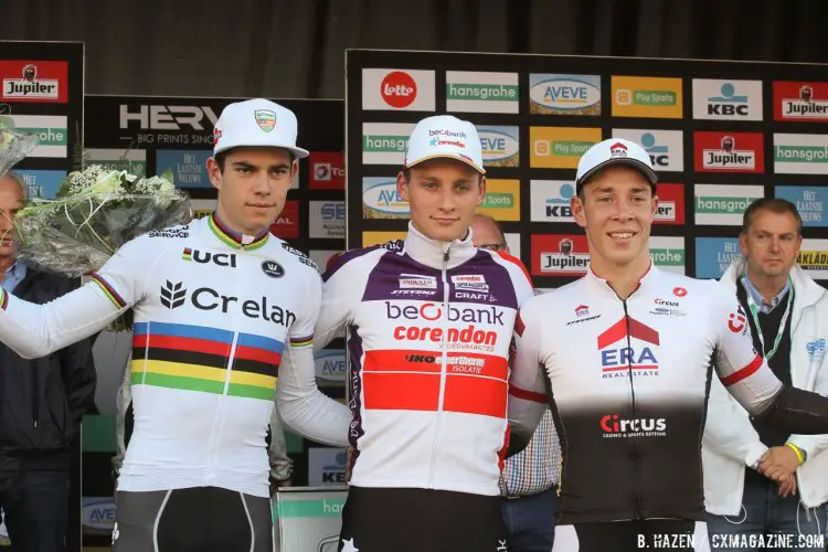 2016 Superprestige Zonhoven - men's race podium: Wout van Aert, Mathieu van der Poel and Laurens Sweeck. © Bart Hazen / Cyclocross Magazine