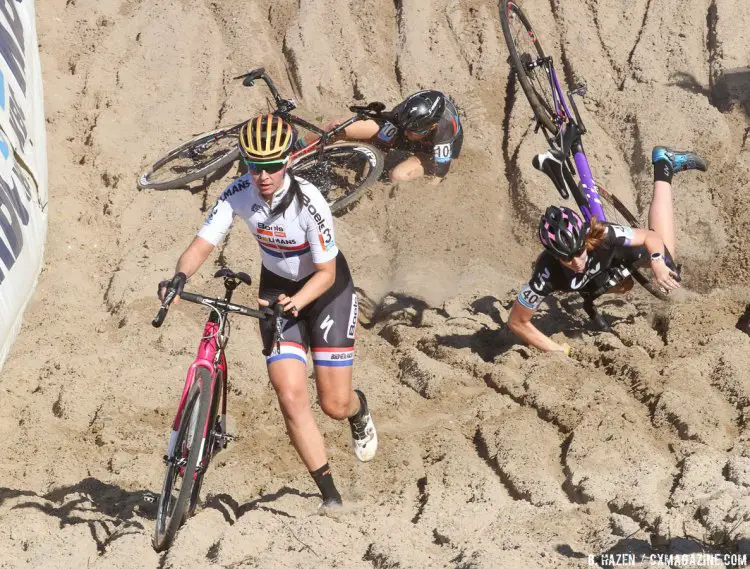 As Brammeier recovers from her spill, Elle Anderson and Manon Bakker crash trying to avoid the down rider. 2016 Superprestige Zonhoven women's race. © Bart Hazen / Cyclocross Magazine