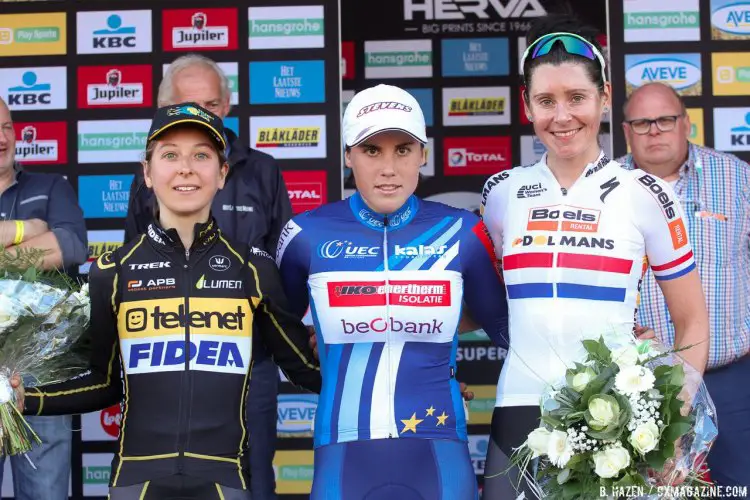 Podium: Sanne Cant - Jolien Verschueren - Nikki Brammeier. 2016 Superprestige Zonhoven women's race. © Bart Hazen / Cyclocross Magazine