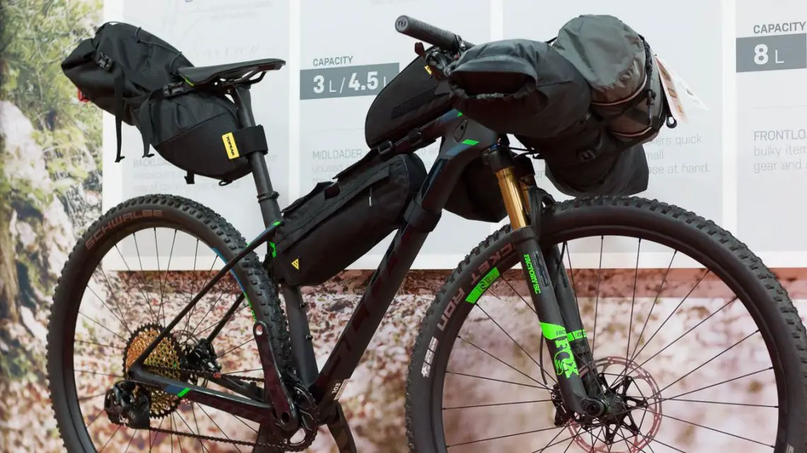 Topeak has entered the bikepacking market, and has frame bags, saddle bags and handlebar options to carry all you need for an overnight adventure. Interbike 2016 © Cyclocross Magazine