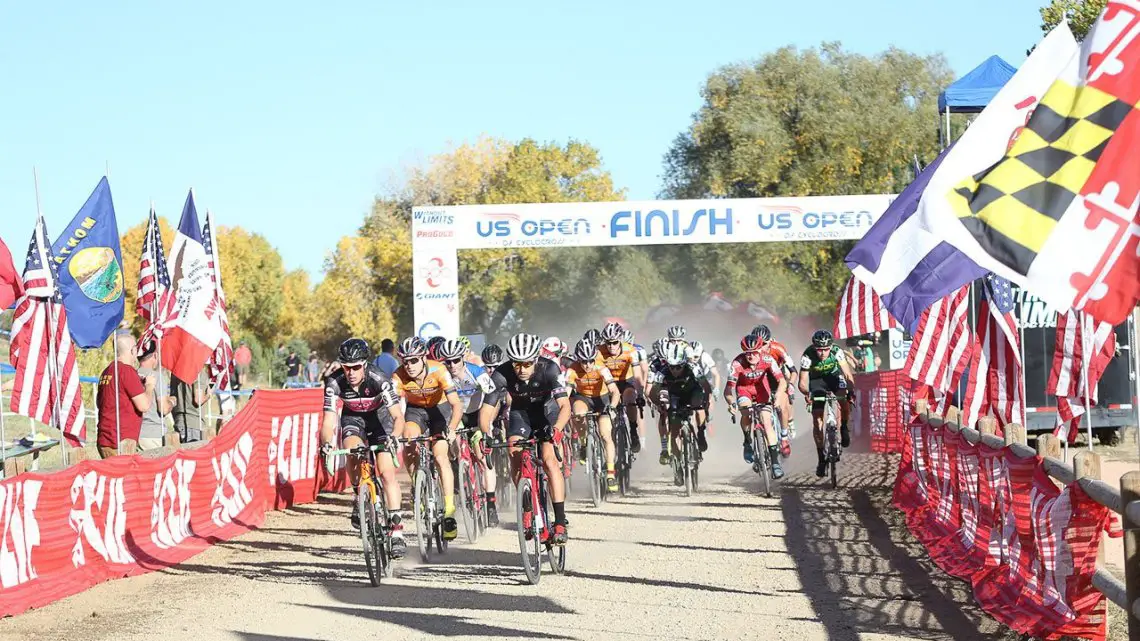 The Elite Men's start. US Open of Cyclocross Day 1. Valmont Bike Park, Boulder. © Cathy Fegan Kim