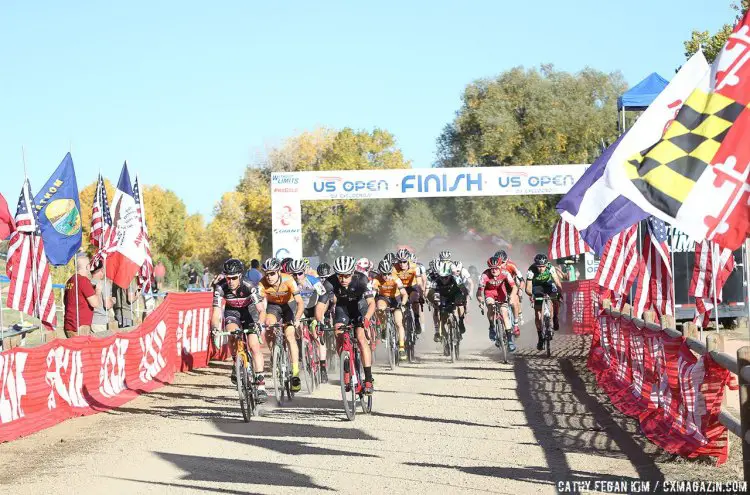 The Elite Men's start. US Open of Cyclocross Day 1. Valmont Bike Park, Boulder. © Cathy Fegan Kim