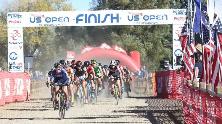 McCutcheon gets the holeshot in dusty conditions, and was the first to cross the finish on the last lap as well. US Open of Cyclocross UCI C2 Day 2. © Cathy Fegan Kim / Cyclocross Magazine