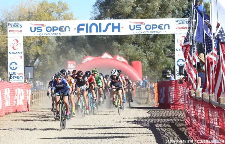 McCutcheon gets the holeshot in dusty conditions, and was the first to cross the finish on the last lap as well. US Open of Cyclocross UCI C2 Day 2. © Cathy Fegan Kim / Cyclocross Magazine