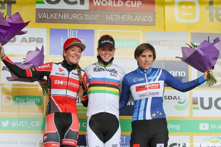 Podium Women: Thalita de Jong: Sophie de Boer: Sanne Cant - 2016 Valkenburg Cyclocross World Cup Elite Women. © B. Hazen / Cyclocross Magazine