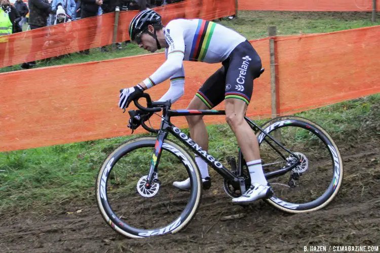 Wout van Aert navigates one of the slippery, rutted off-camber descents, before one would take him down with less than two laps to go, 2016 Valkenburg Cyclocross World Cup Elite Men. © B. Hazen / Cyclocross Magazine