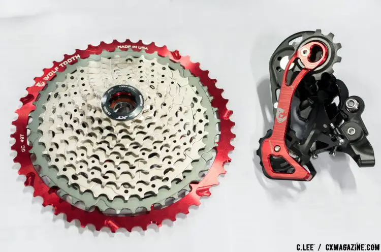 WolfTooth's 49t inner cog mates with Shimano 11-42, SRAM NX, or Sunrace. For Shimano, the inner cage and jockey wheel replacement kit is required. © Cliff Lee