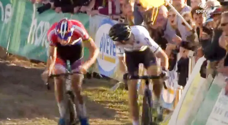 One look back too many by Wout van Aert, as van der Poel sprints by. 2016 Superprestige Zonhoven Elite Men