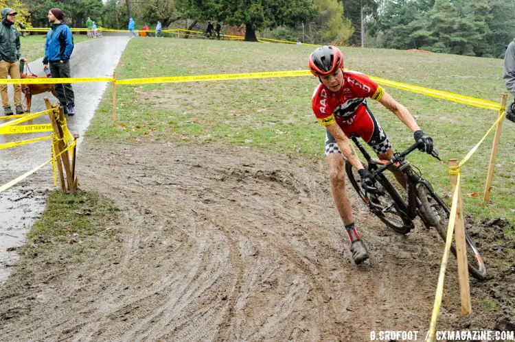 Mud and flat turns challenged riders on the slick course. © Geoffrey Crofoot