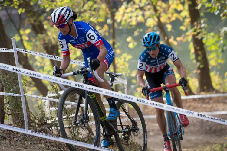 Katerina Nash leads Katie Compton after the two escaped on lap 2. Derby City Cup Cyclocross Race Day 1. © Wil Matthews