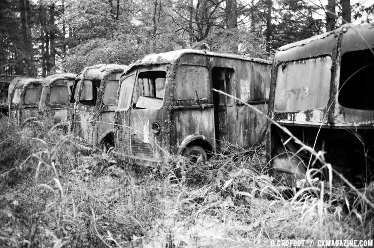 The "bone yard" of old trucks and buses that pepper the grounds of the auto museum provide an interesting backdrop to the race course. © Geoffrey Crofoot