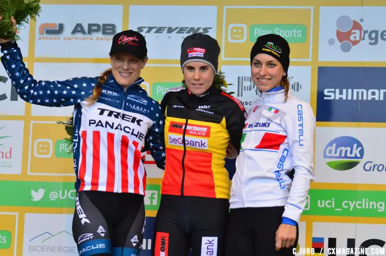 Elite Women's podium: Sanne Cant (BEL) first, Katie Compton (USA) second, Alice Maria Arzuffi (ITA) third at the 2016 Zeven UCI Cyclocross World Cup Elite Women. © C. Jobb / Cyclocross Magazine