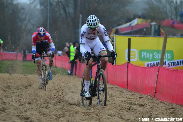 Wout Van Aert leads eventual winner Mathieu Van Der Poel through the sand pit at the 2016 Zeven Cyclocross World Cup Elite Men's race. © C. Jobb / Cyclocross Magazine