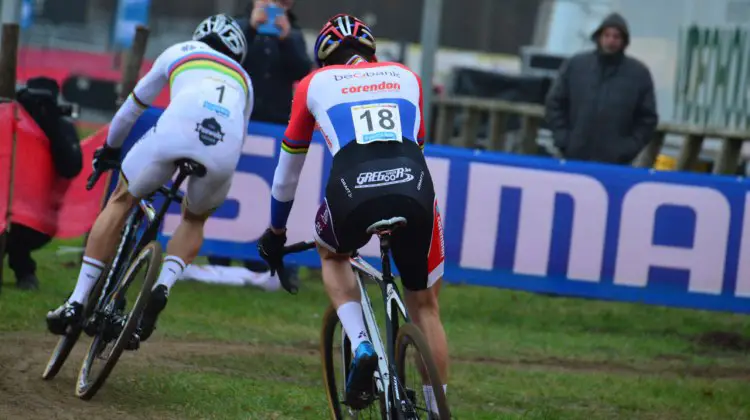 A rear view of Wout Van Aert and Mathieu Van Der Poel during the 2016 Zeven World Cup Elite Men's race. © C. Jobb / Cyclocross Magazine