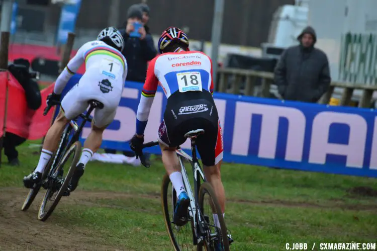 A rear view of Wout Van Aert and Mathieu Van Der Poel during the 2016 Zeven World Cup Elite Men's race. © C. Jobb / Cyclocross Magazine