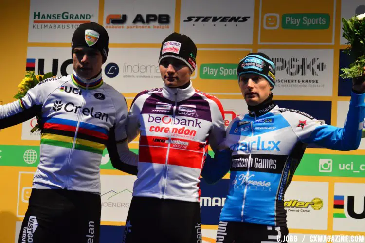 Elite Men's podium: Mathieu Van Der Poel (first), Wout Van Aert (second) and Kevin Pauwels (third) at the 2016 Zeven World Cup. © C. Jobb / Cyclocross Magazine