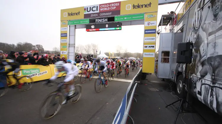 A shot of the start/finish line during the Elite Men's race at the 2016 Zeven World Cup. © C. Jobb / Cyclocross Magazine