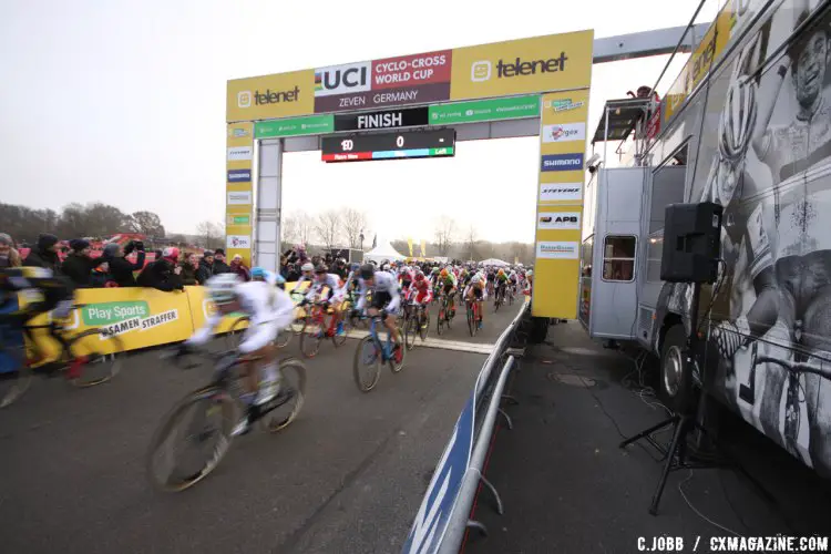 A shot of the start/finish line during the Elite Men's race at the 2016 Zeven World Cup. © C. Jobb / Cyclocross Magazine