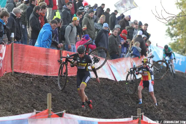 Ellen van Loy leads Sanne Cant at the 2016 Soudal Classics Jaarmarktcross in Niel. © B. Hazen / Cyclocross Magazine