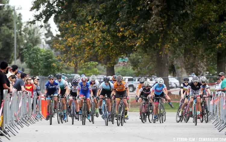 The start of the women's race at the 2016 CXLA Cyclocross Day 1, as Courtenay McFadden misses her pedal. © C. Fegan-Kim. Cyclocross Magazine