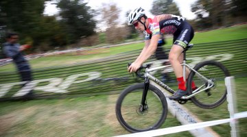 Ben Gomez Villafane lives up to his name "Benny hops" and hops the barrier. 2016 CXLA Day 2. © Cathy Fegan-Kim / Cyclocross Magazine