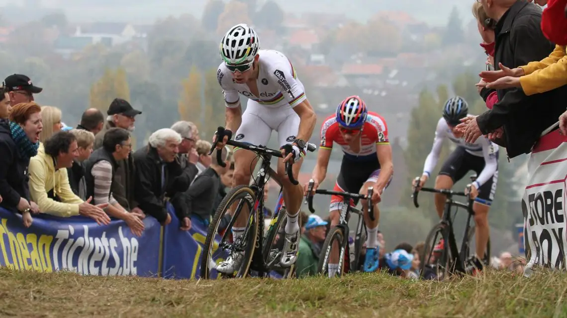 Wout Van Aert with Mathieu van der Poel briefly holding his wheel, leading fans to expect another duel. Elite Men. 2016 Koppenbergcross, DVV Verzekeringen Trofee Series race #2. © B. Hazen / Cyclocross Magazine
