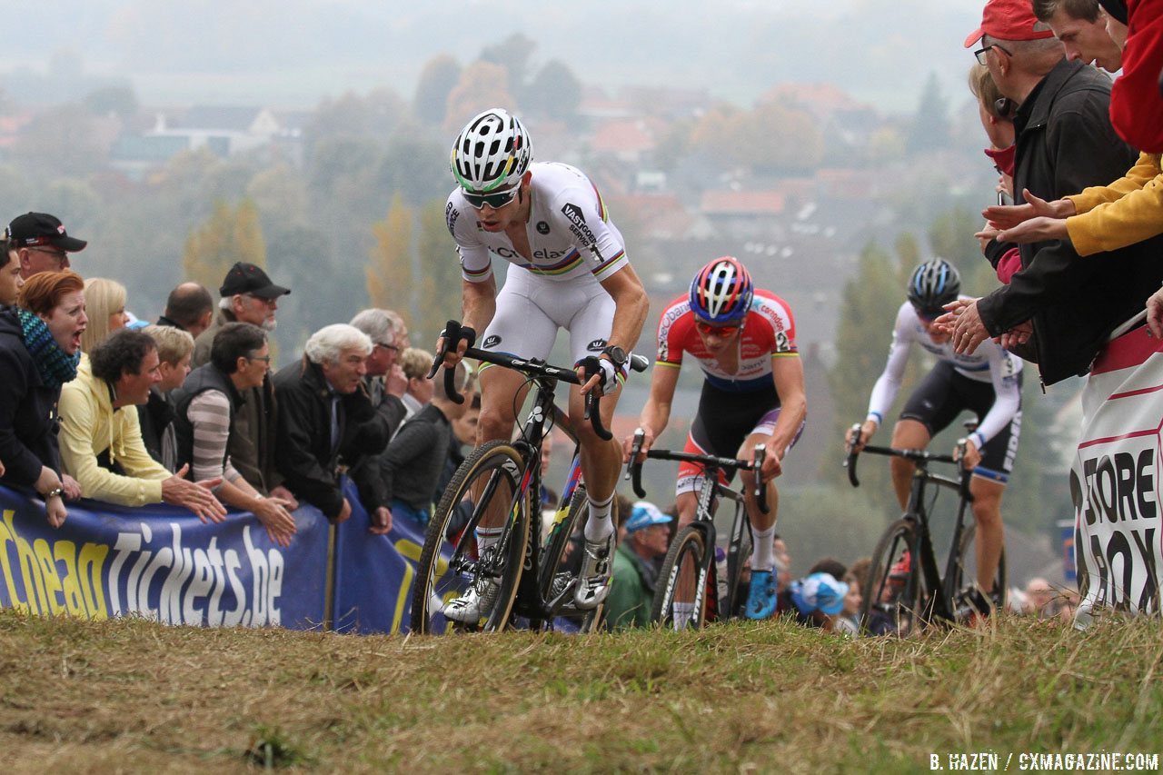 Wout Van Aert with Mathieu van der Poel briefly holding his wheel, leading fans to expect another duel. Elite Men. 2016 Koppenbergcross, DVV Verzekeringen Trofee Series race #2. © B. Hazen / Cyclocross Magazine