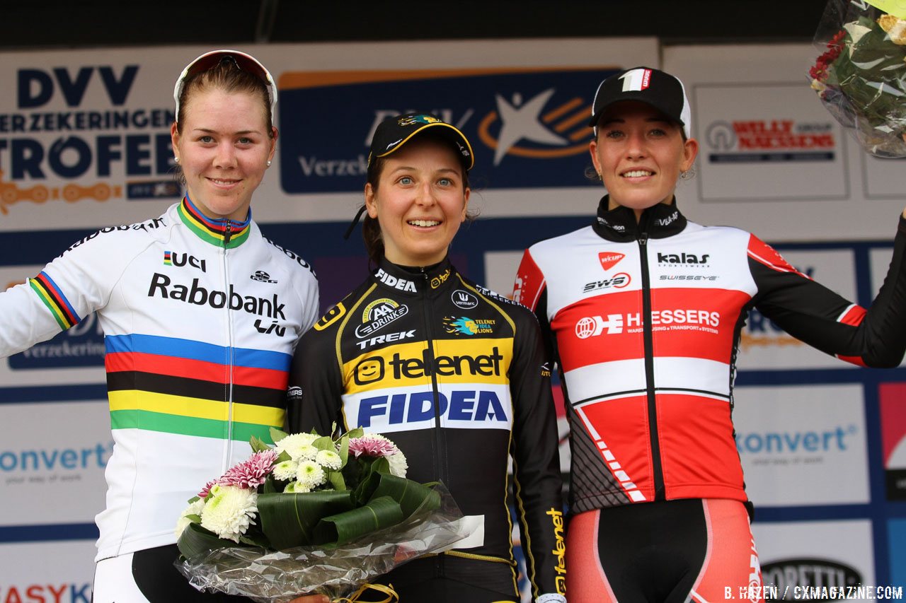 Podium: Jolien Verschueren: Thalita de Jong: Sophie de Boer. Elite Women. 2016 Koppenbergcross, IJsboerke Ladies Trophy Series race #2. © B. Hazen / Cyclocross Magazine