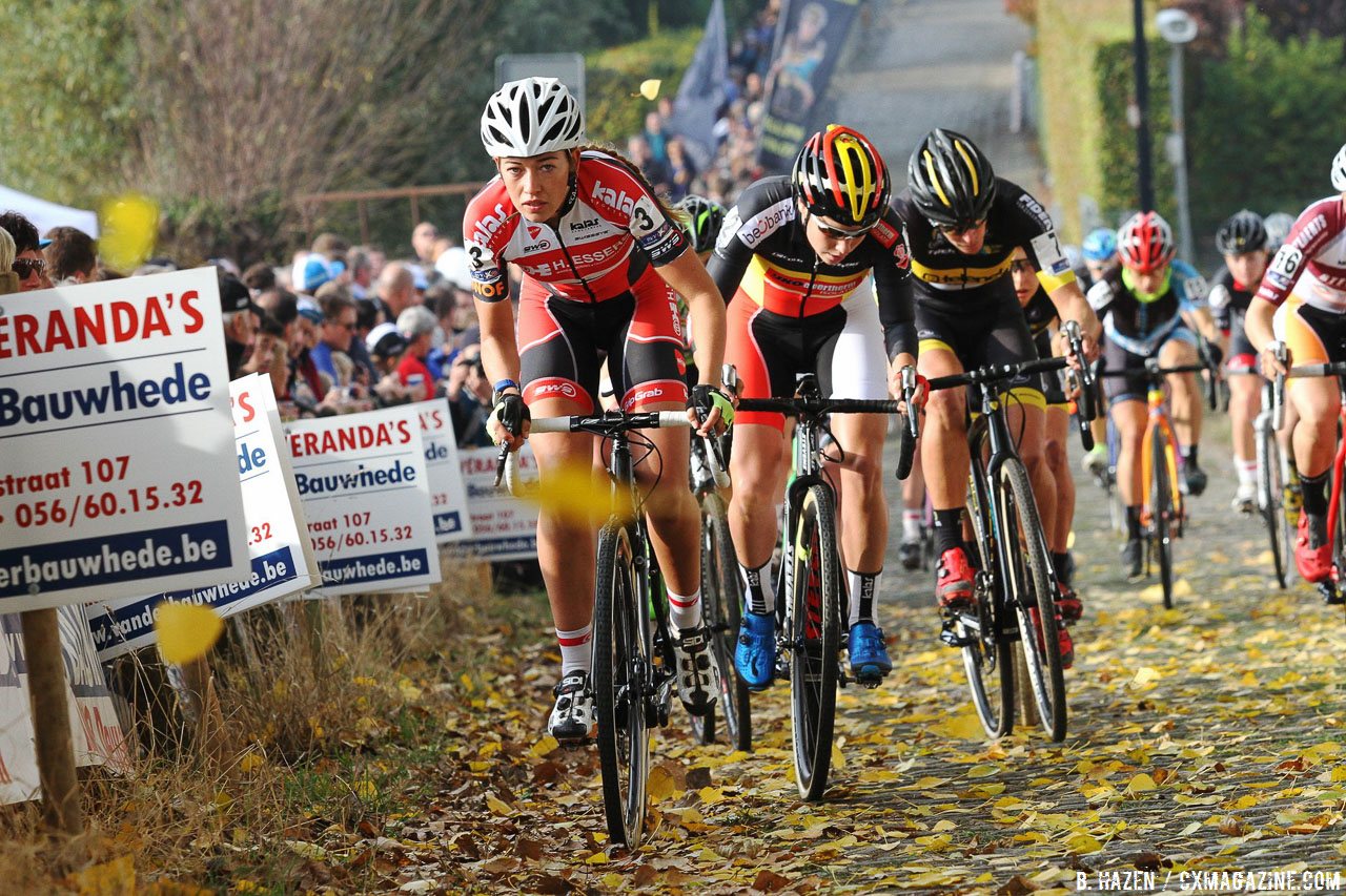 Sophie de Boer leads the chase, and would finish third. Elite Women. 2016 Koppenbergcross, DVV Verzekeringen Trofee Series race #2. © B. Hazen / Cyclocross Magazine